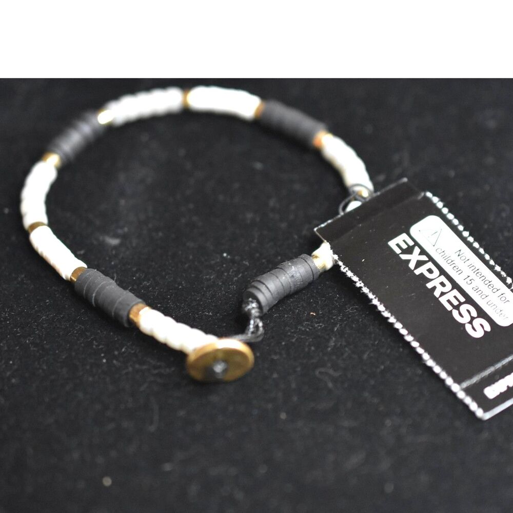 NWT Express Black/Gray/White Stacked Stone Gold Tone Button Latch Bracelet